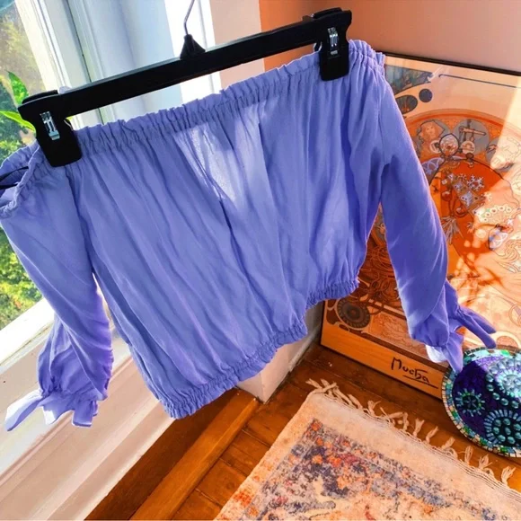 Periwinkle Blue Ruffle Peasant along Sleeved Off The Shoulder Crop Top - Picture 7 of 9